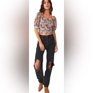 NWT FREE PEOPLE Back On Top Pink Beige Floral Smocked Crop Top W/Tie Back Medium